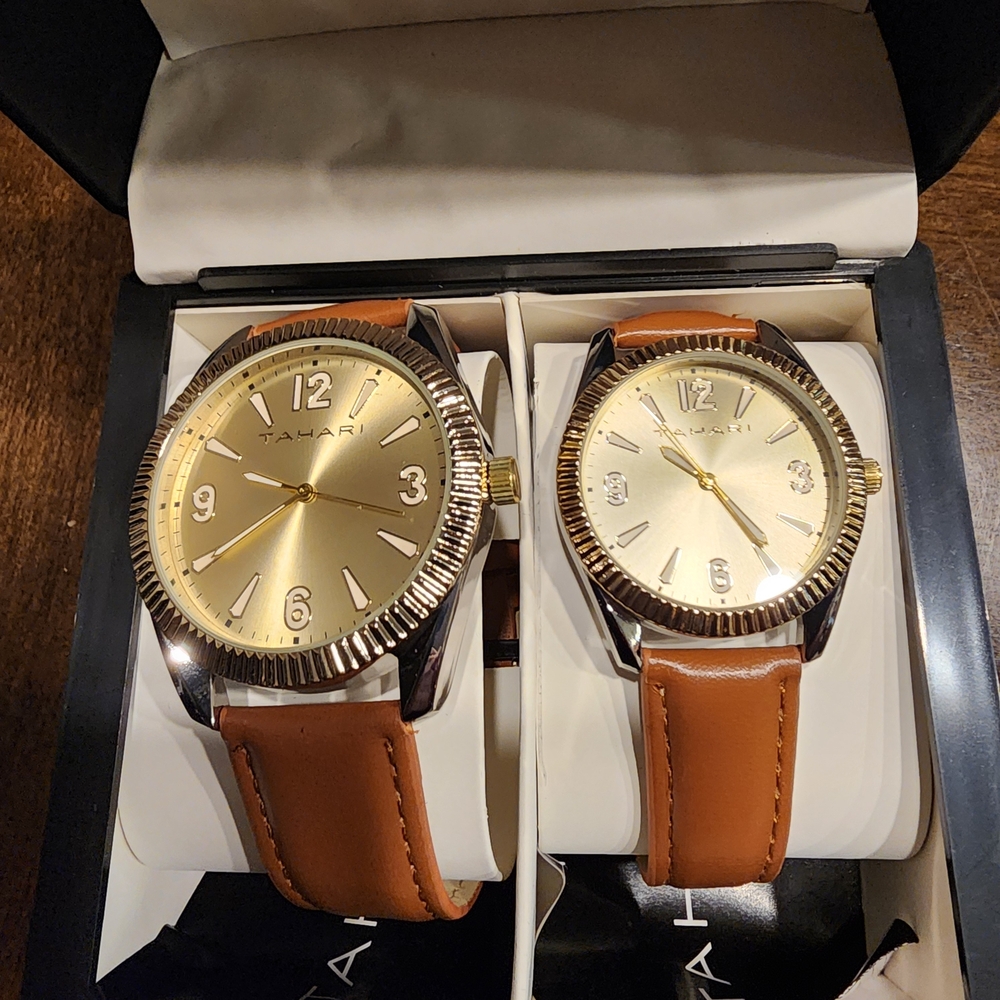 Tahari Gold Dial and Brown Strap His And Hers Watch Set